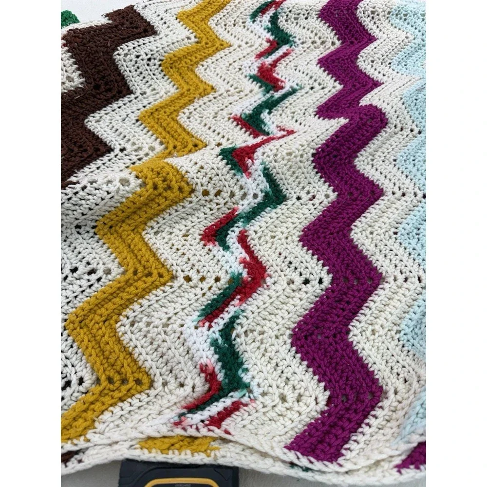 Handmade Crochet Granny Afghan Blanket Multicolor Chevron Pattern Large
